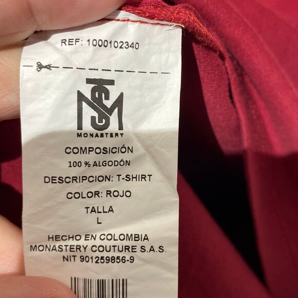 Monastery Couture Men's Red Cotton Crew Neck Short Sleeve T-Shirt Size Large - Picture 4 of 8